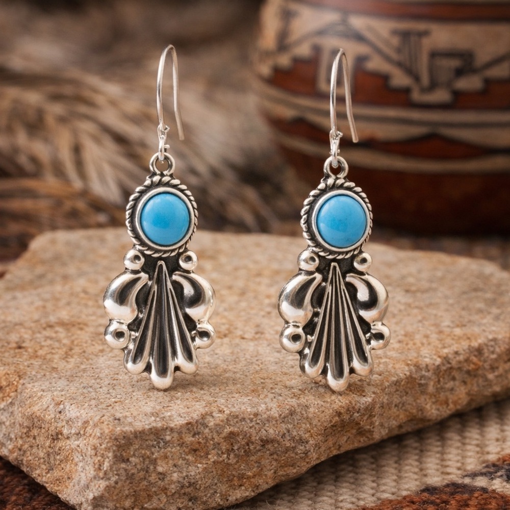 Navajo Sterling Silver Turquoise Dangling Earrings By Verley Betone